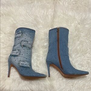 Vivianly Distressed Blue Denim Stiletto Boots